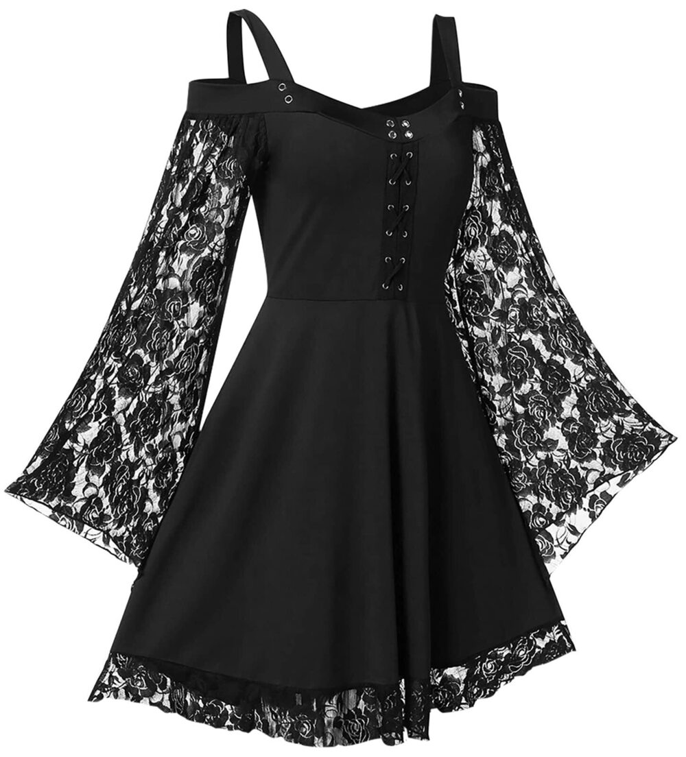 9557 Gothic Dress Flare Evening Darkness Off Shoulder Long Vintage Witch